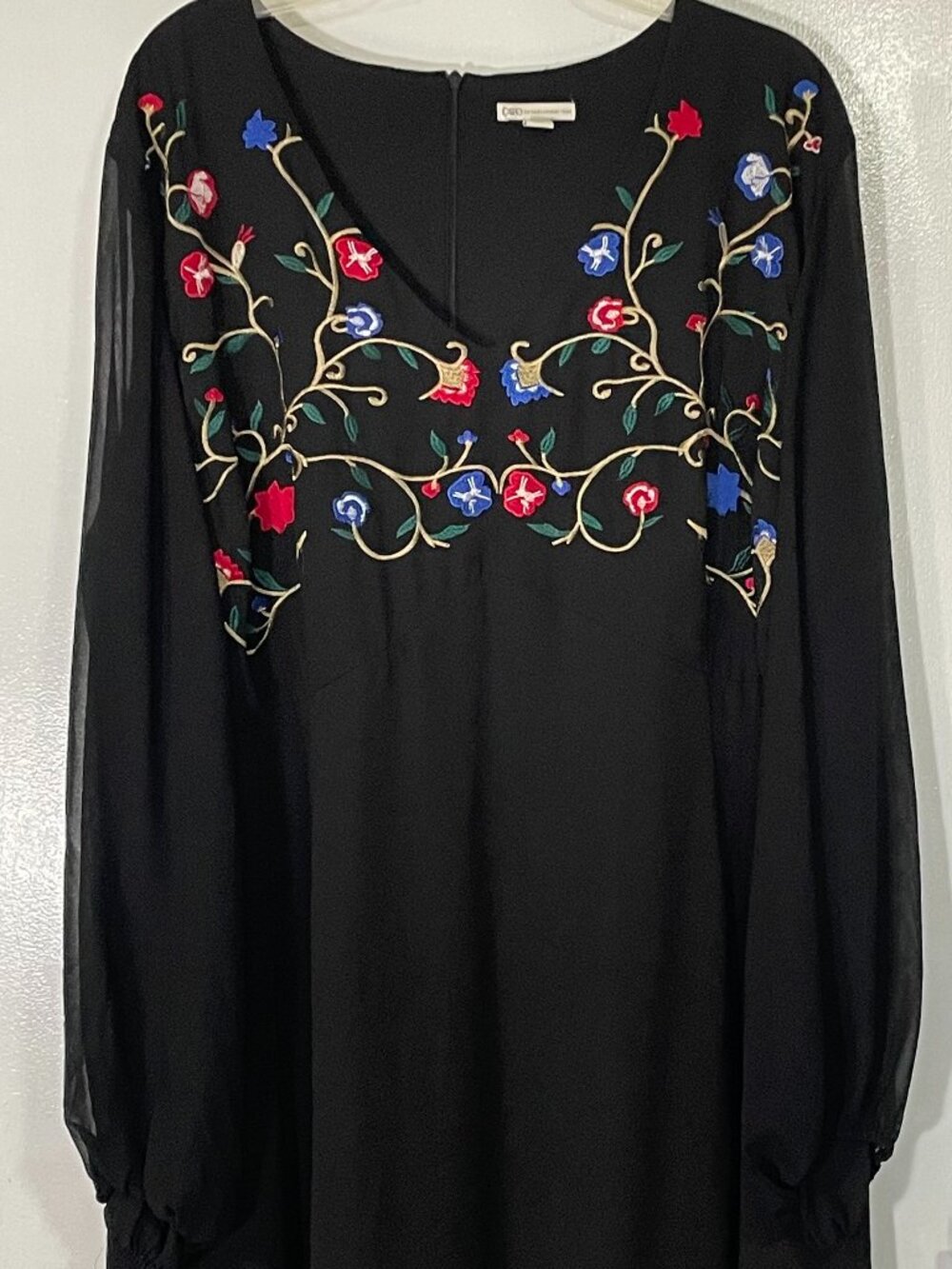 Cato Women’s Black Embroidered Long Sleeve Dress 22W Sheer Sleeves Excellent
